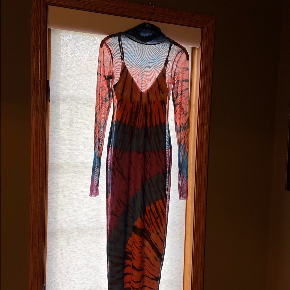 AFRM Tie-Dye Mesh Long Sleeve Maxi Dress with DramaticV-Neck Nude Slip
